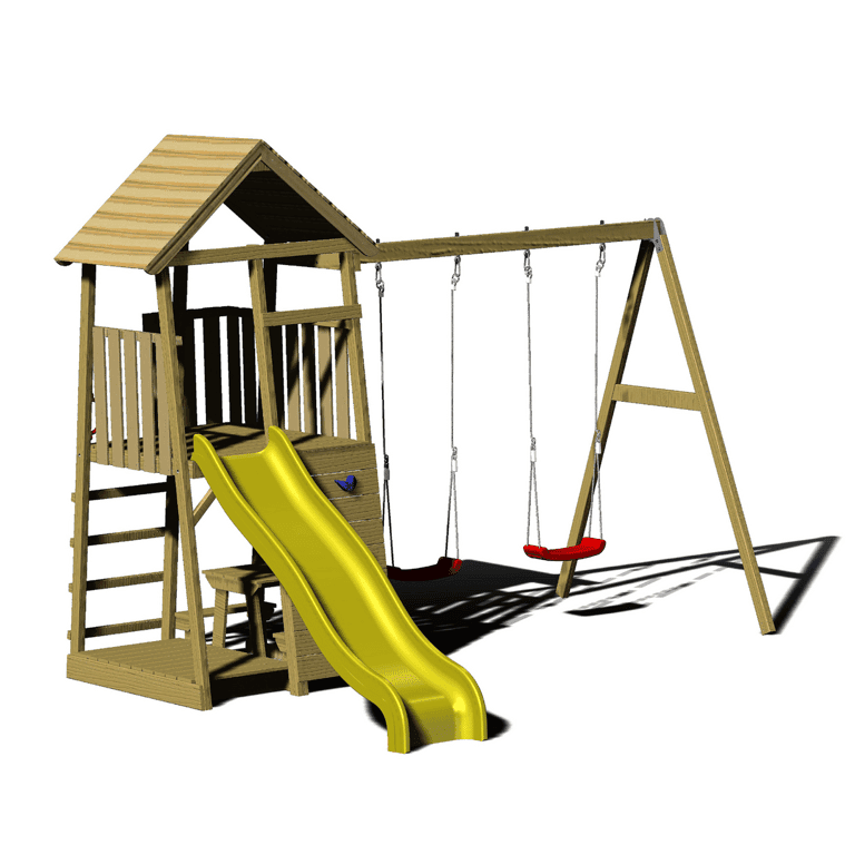 Wendi Toys Torre di Gioco Junior con Altalena, Scivolo, Sabbiera, Panchina da Picnic e Doppia Altalena Gialla
