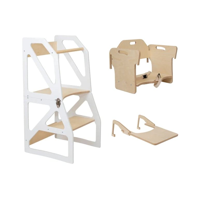 Lumbary Torre da cucina trasformabile Modustep e seggiolone in un'unica soluzione bianca