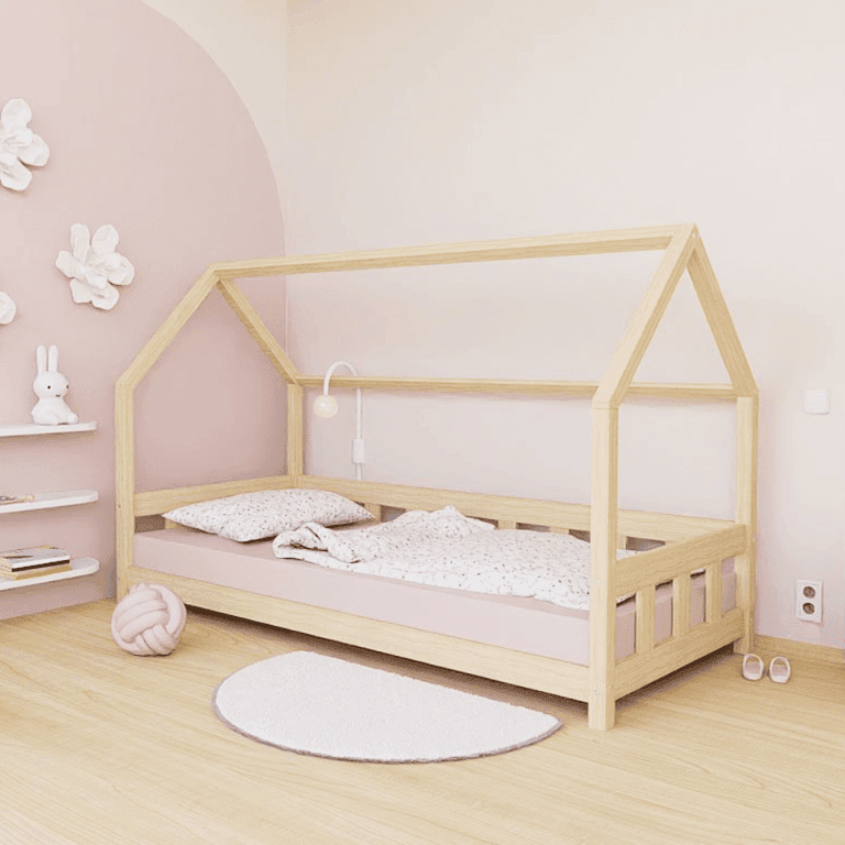 Benlemi Letto a Casa Plotty Con Pannello Laterale e Ingresso Aperto Non Verniciato 80x160 CM