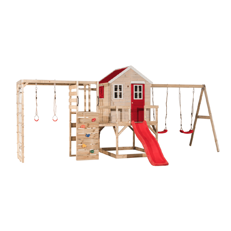 Wendi Toys My Lodge Altalena con Piattaforma, Scivolo, Doppia Altalena e Allegato Palestra Rosso