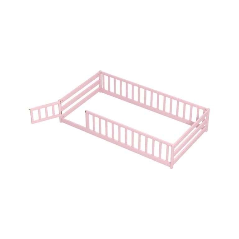 Costway Twin Size Montessori Floor Bed With Door and Fence Pink