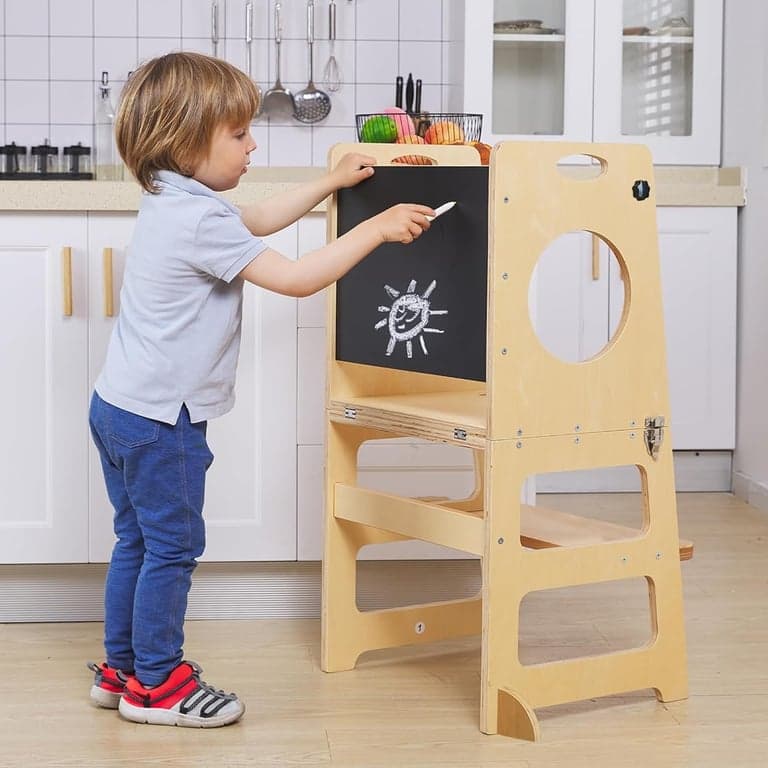 FANABAS 4-in-1 Toddler Tower With Chalkboard Natural