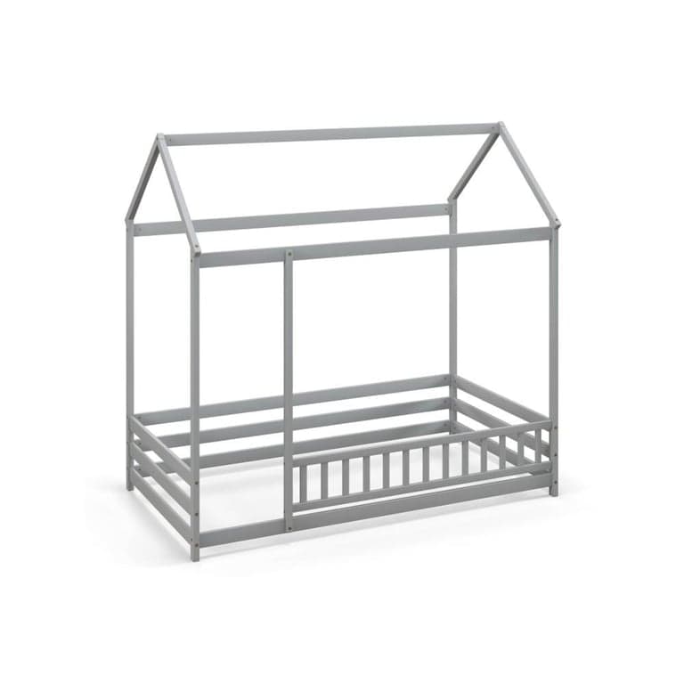 Costway Twin Size Kids House Bed Wooden Floor Bed With Roof and Full-Length Safety Guardrail Gray