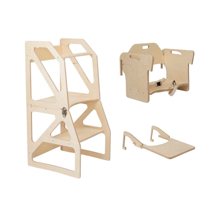 Lumbary Torre da cucina trasformabile Modustep e seggiolone combinati, naturale