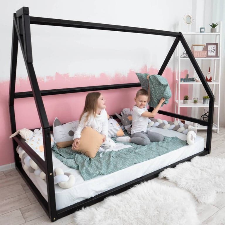 BusyWood Floor Bed House Shaped Without Front Rail Full Size Black