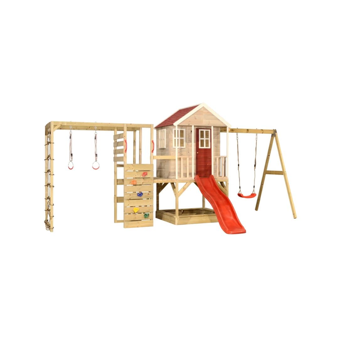 Wendi Toys Casa Avventura Nordica Altalena con Piattaforma, Scivolo, Altalena Singola e Attacco Palestra Rosso