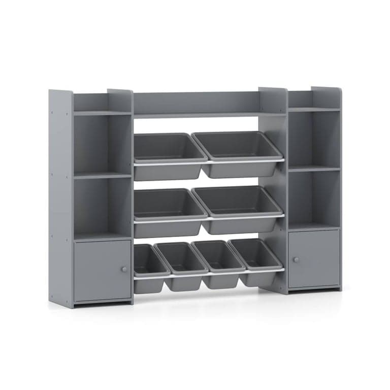 Costway Large Toy Storage Organizer With 8 Removable Bins and Bookshelf 56 Inch Gray