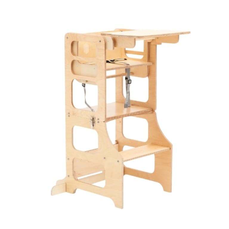 Duck Woodworks Torre Montessoriana 2-in-1 Trasformabile per Bambini Piccoli e Seggiolone, Stile Moderno Mid-century Scandinavo, Legno Naturale