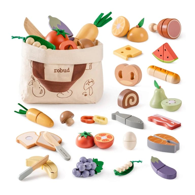 ROBUD Set da Gioco con Alimenti in Legno da Tagliare 4-in-1