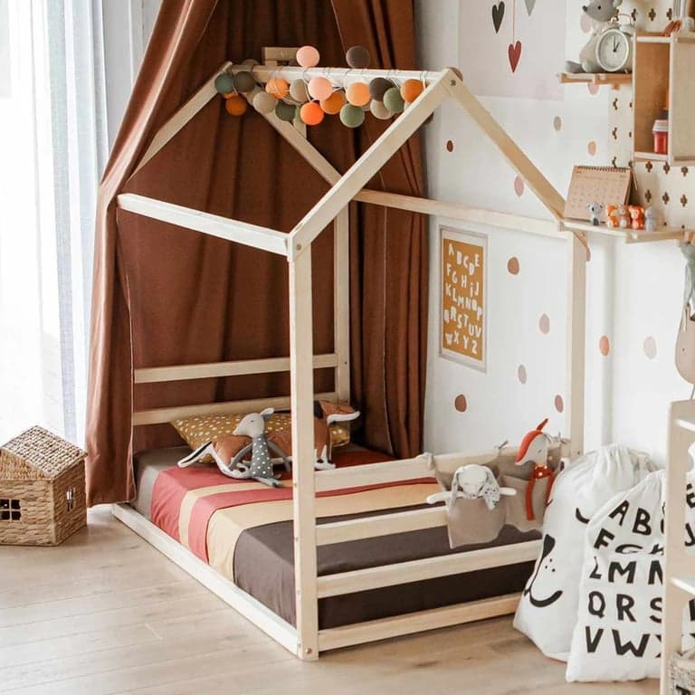 Sweet Home From Wood House Floor Bed With Horizontal Headboard and Footboard Queen Birch Wood