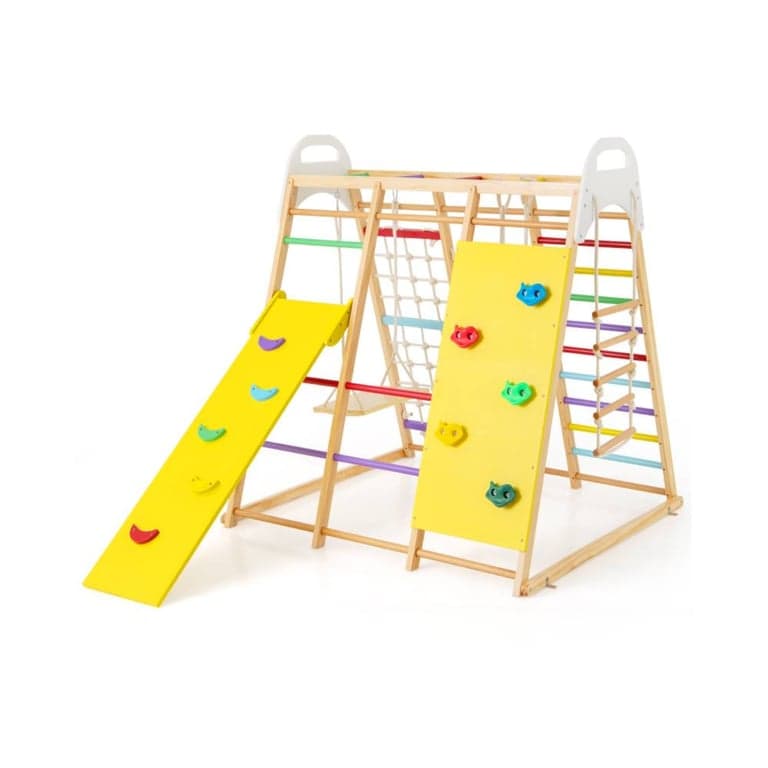 Costway 8-in-1 Wooden Jungle Gym Playset With Slide and Monkey Bars Natural