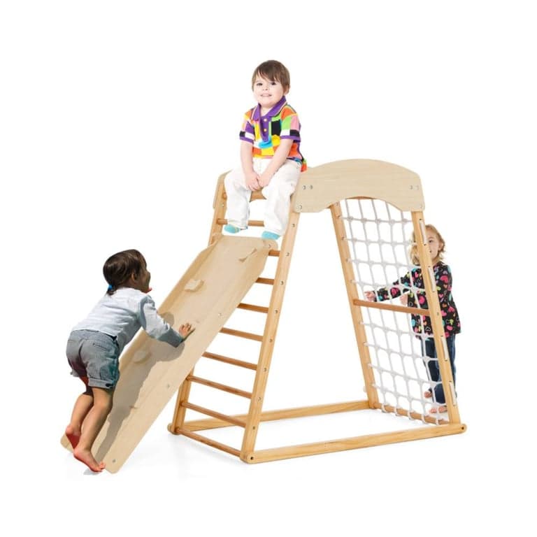 Costway 6-in-1 Wooden Indoor Playground With Double-Sided Ramp and Monkey Bars Natural
