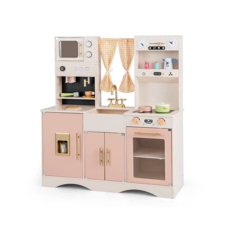 Costway Kitchen Play With Curtains and Coffee Maker Pink