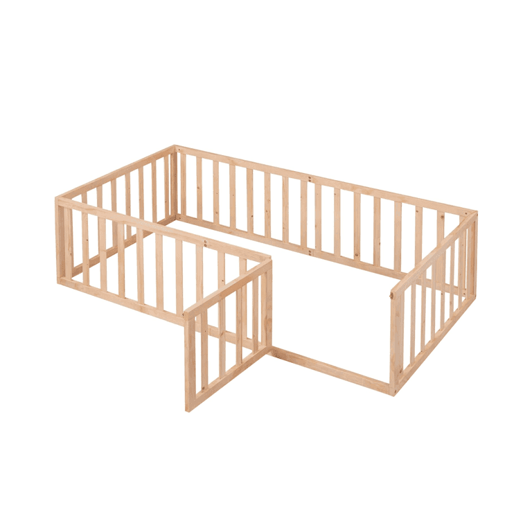 Bellemave Twin Size Floor Bed Frame With Fence Railings and Door Natural