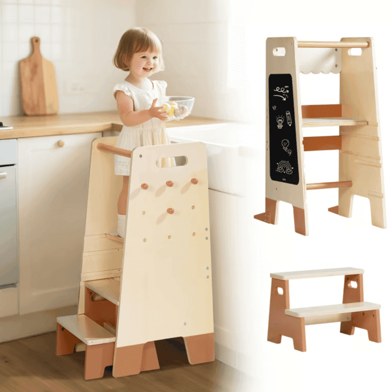 ROBUD Torre per Bambini con Sgabello, Set Marrone