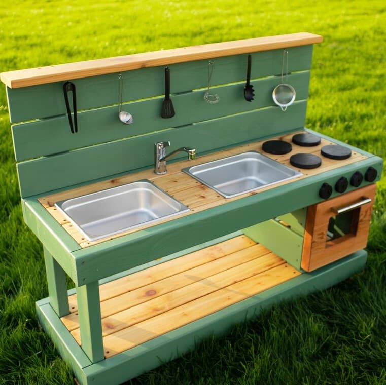 Noble Wooden Toys Mud Kitchen With Oven, Working Faucet, and 2 Drains Dusty Green