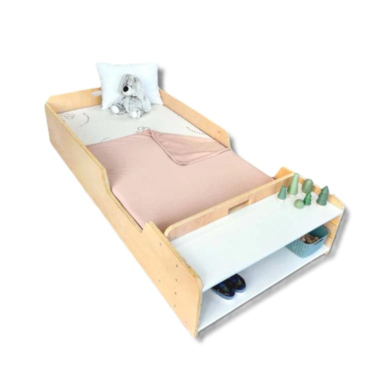 Sapiens Child Apple Floor Bed With Rails, Slats & Shelves Twin Birch