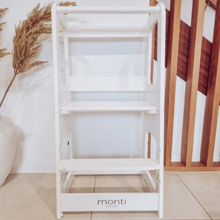 Monti Play Kids Montessori Little Helper Toddler Tower Convertible Table and Chair Set White