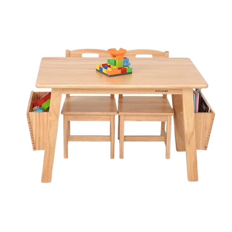 KRAND Kids Solid Wood Activity Table and 2-Chair Set With Storage