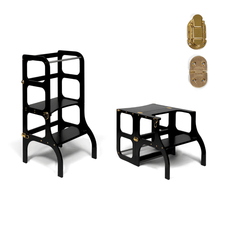 Ette Tete STEP'n'SIT® Torretta Helper Tavolo Convertibile 2-in-1 Nero Con Chiusure a Scatto Dorate