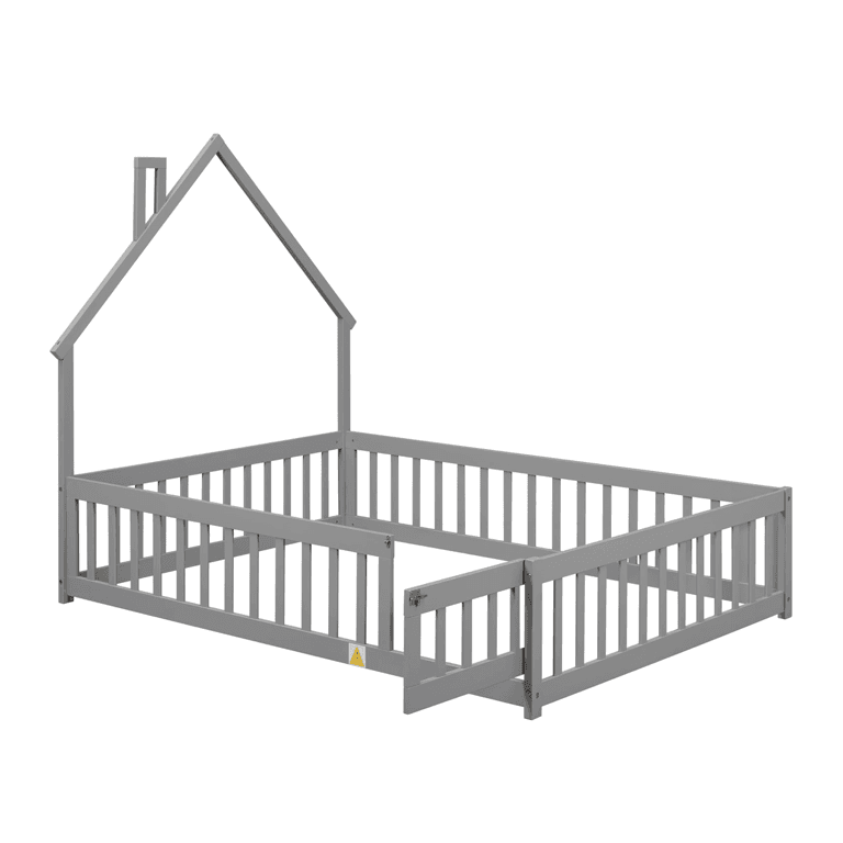 Bellemave Full Size Floor Bed With House Shape Headboard, Rails, and Door Gray