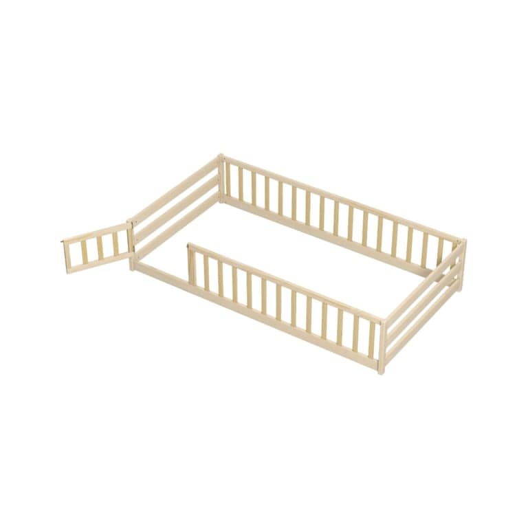 Costway Twin Size Montessori Floor Bed With Door and Fence Natural