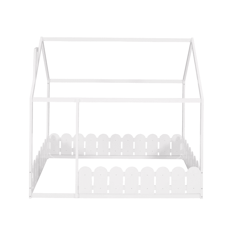 Harper & Bright Designs Full Size House Floor Bed With Fence-Shaped Guardrails White