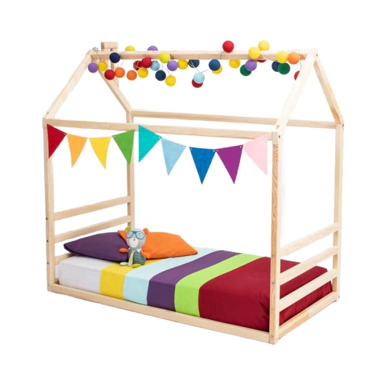 Sweet Home From Wood House Floor Bed Frame With a Horizontal Headboard and Footboard Twin Non-Painted Pine Wood