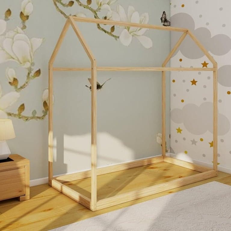 Wood and Montessori House-Shaped Queen Floor Bed Without Slats