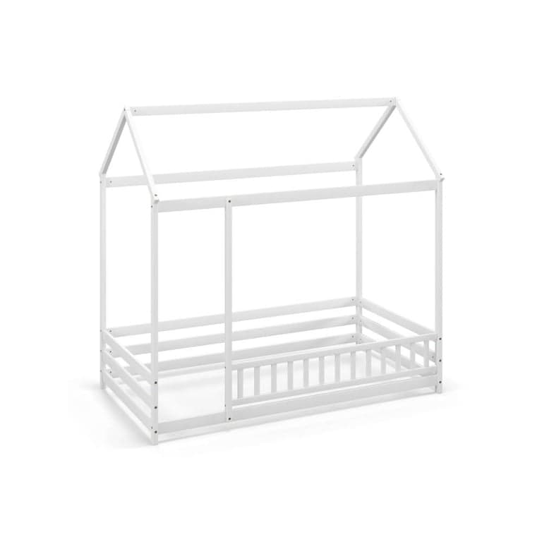 Costway Twin Size Kids House Bed Wooden Floor Bed With Roof and Full-Length Safety Guardrail White