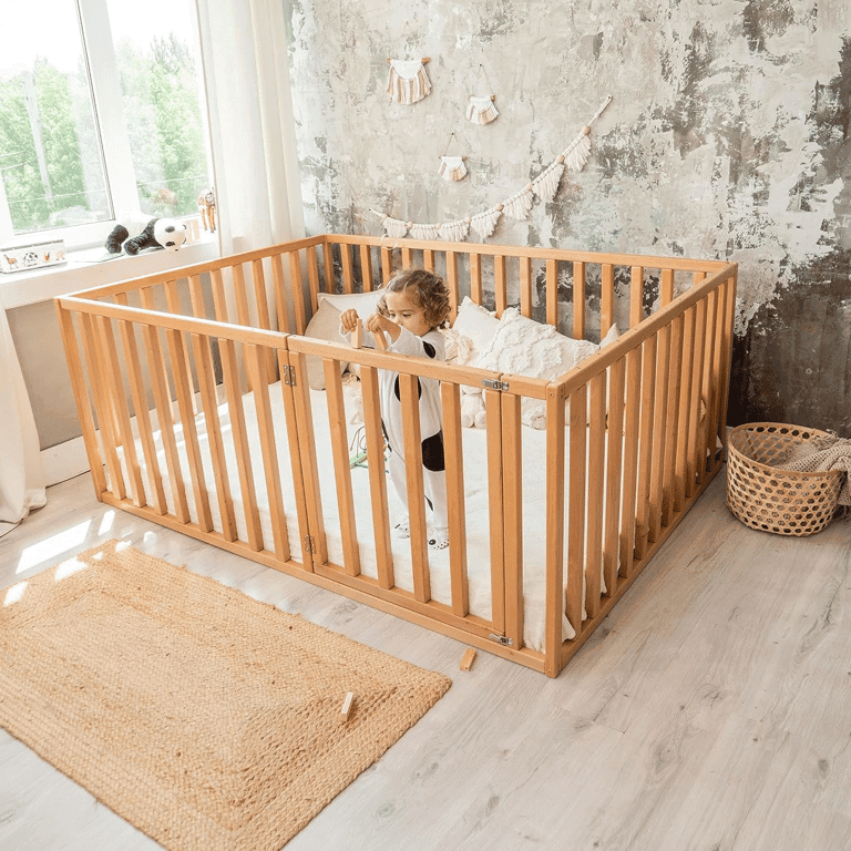 BusyWood Queen Size Floor Bed With Extended Rail and Slats Natural