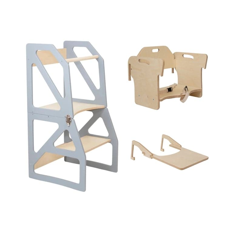 Lumbary Torre da cucina trasformabile Modustep con seggiolone, set grigio