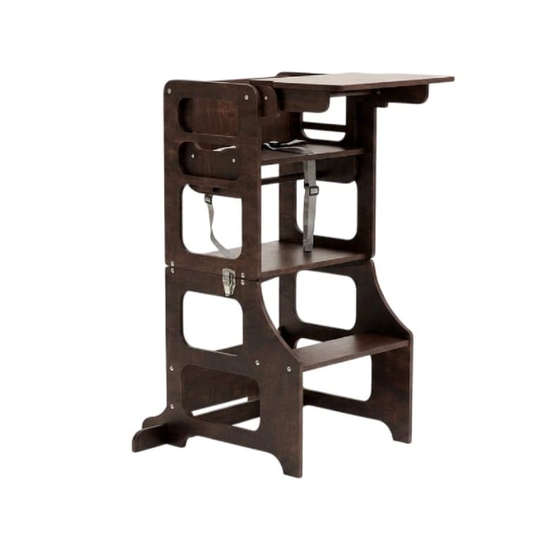 Duck Woodworks 2-in-1 Torre per Bambini Convertibile e Seggiolone in Stile Moderno Mid-Century, Marrone Espresso
