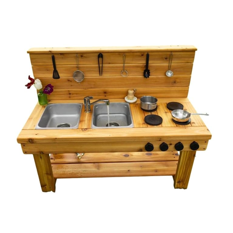 Noble Wooden Toys Mud Kitchen With Faucet, Stove, and 1 Drain Unfinished