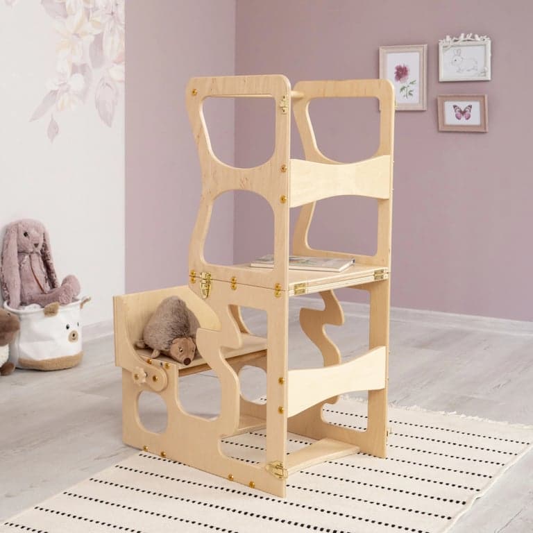 Wood and Hearts Convertible Kitchen Tower Natural Wood Neckline