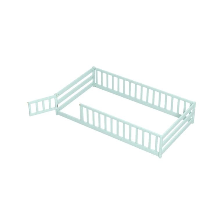 Costway Twin Size Montessori Floor Bed With Door and Fence Green