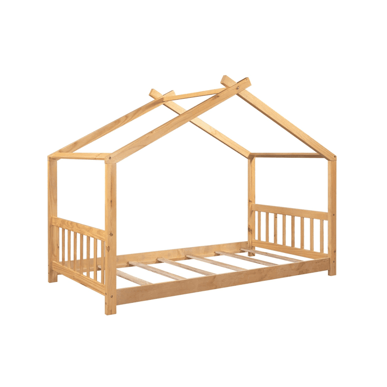 Bellemave Twin Size Floor House Bed Frame With Fence Railings Natural