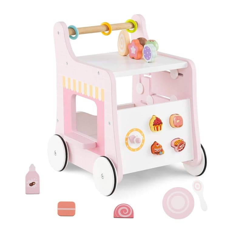 BABY JOY 6 in 1 Wooden Baby Walker With Play Kitchen Style 2 Pink