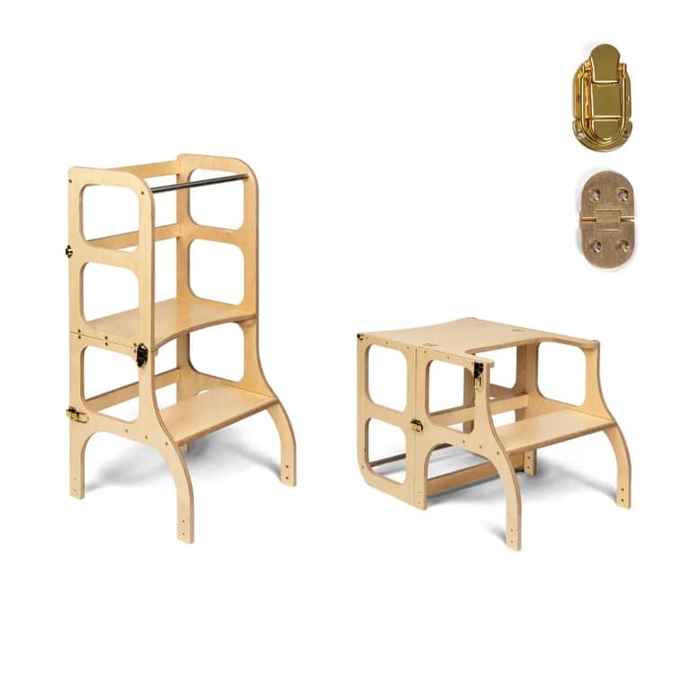 Ette Tete STEP'n'SIT® Torretta Helper Tavolo Convertibile 2-in-1 in Legno con Chiusure a Scatto Dorate