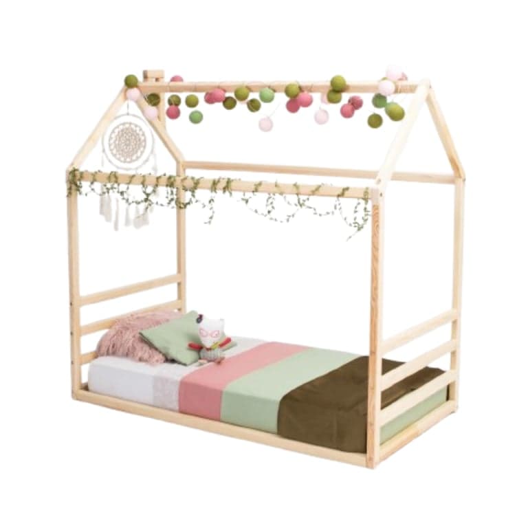 Sweet Home From Wood House Floor Bed With Horizontal Headboard and Footboard Queen Pine Wood