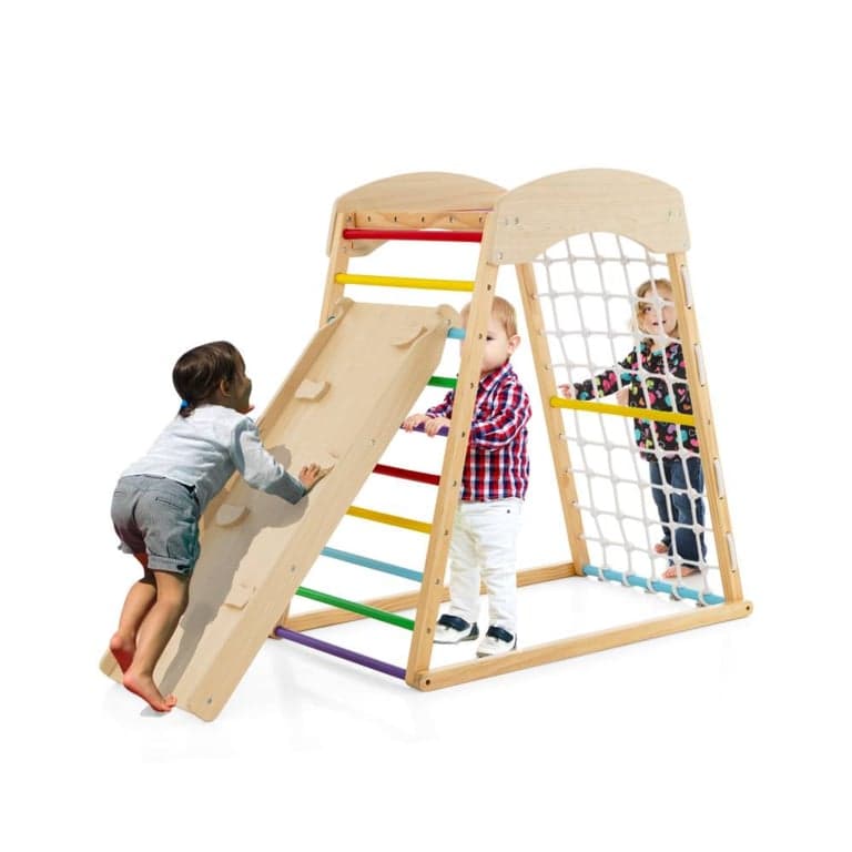 Costway 6-in-1 Wooden Indoor Playground With Double-Sided Ramp and Monkey Bars Multicolor