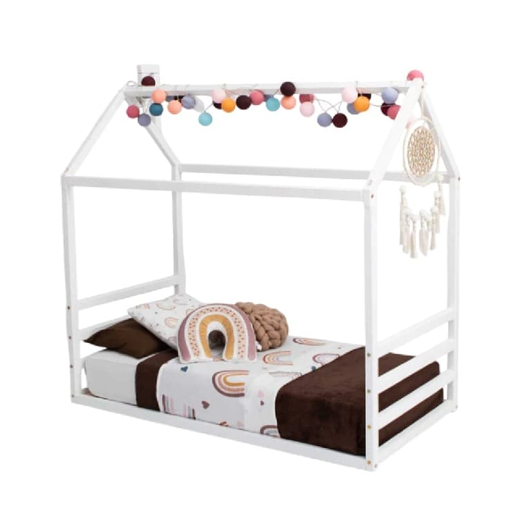 Sweet Home From Wood House Floor Bed Frame With a Horizontal Headboard and Footboard Twin White