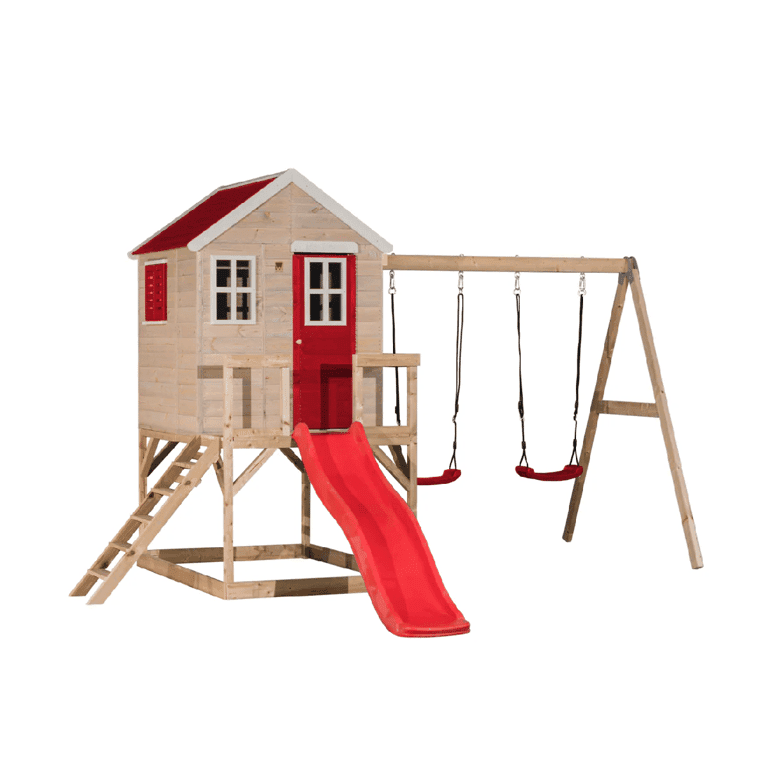 Wendi Toys My Lodge Altalena con Piattaforma, Scivolo e Doppia Altalena Rossa